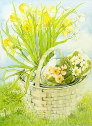 Narcissen en sleutelbloemen in een mand